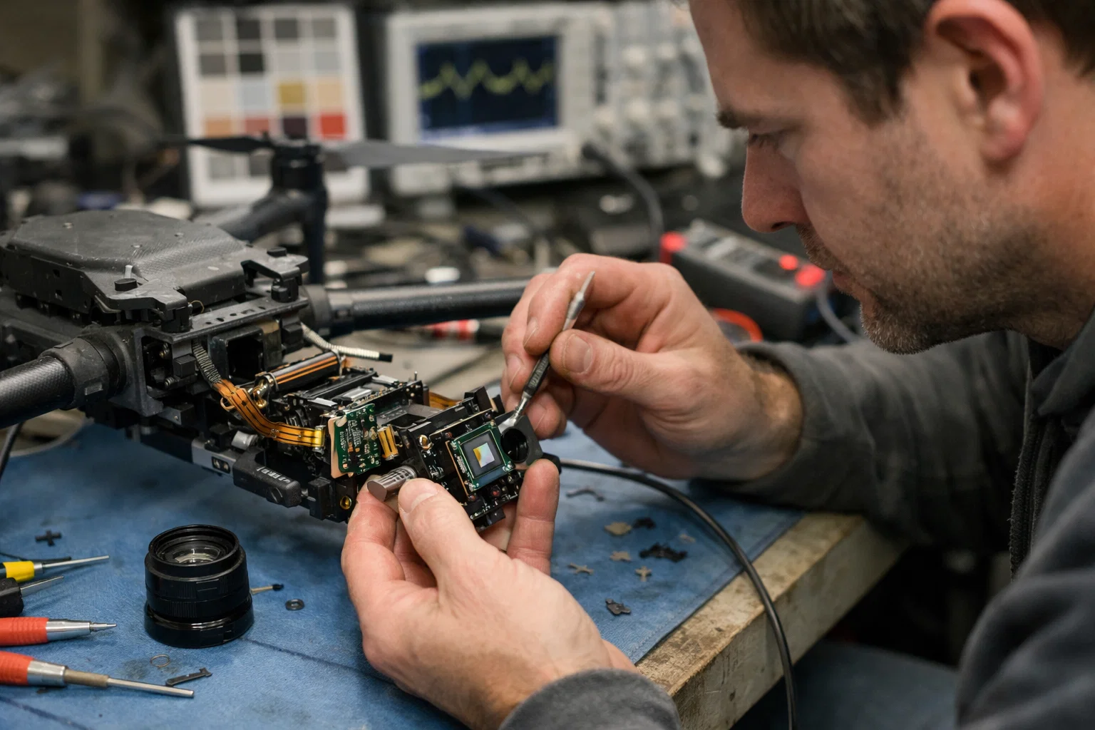 Engineer working on camera calibration