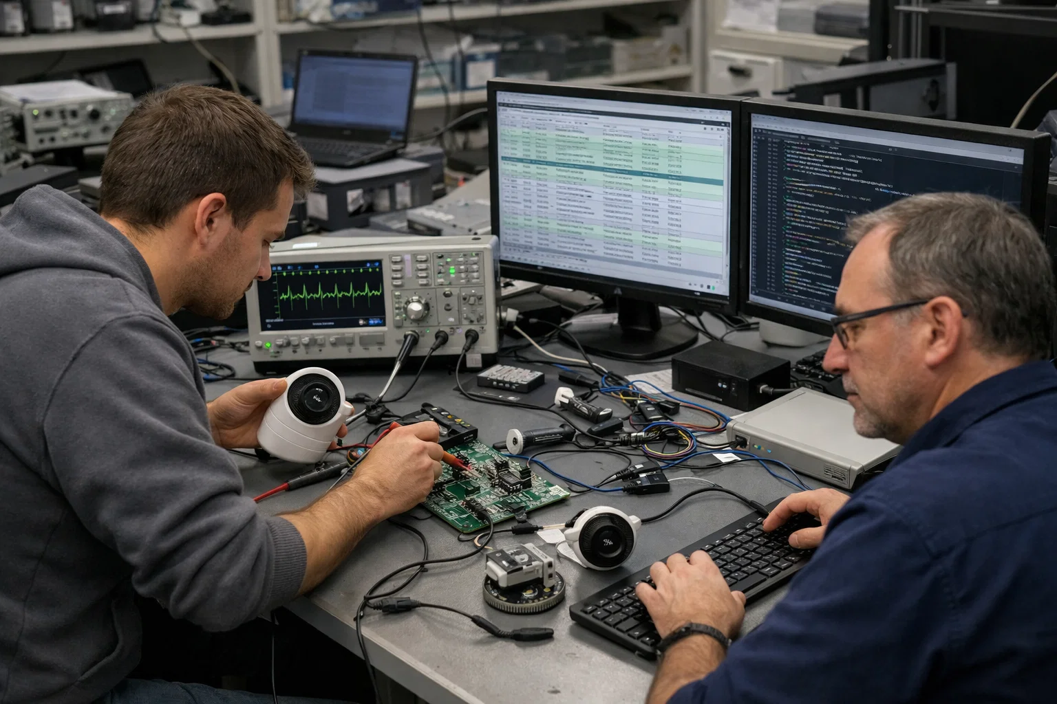 Engineers working on networked embedded camera systems
